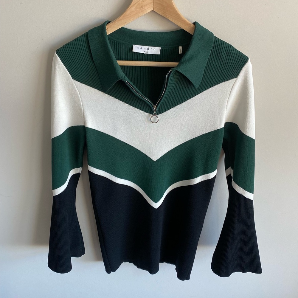 Sandro quarter zip green black white sweater bell sleeve